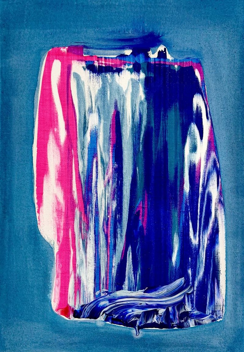 Abstract acrylic painting, a sweep of blue, white and hot pink across a teal ground