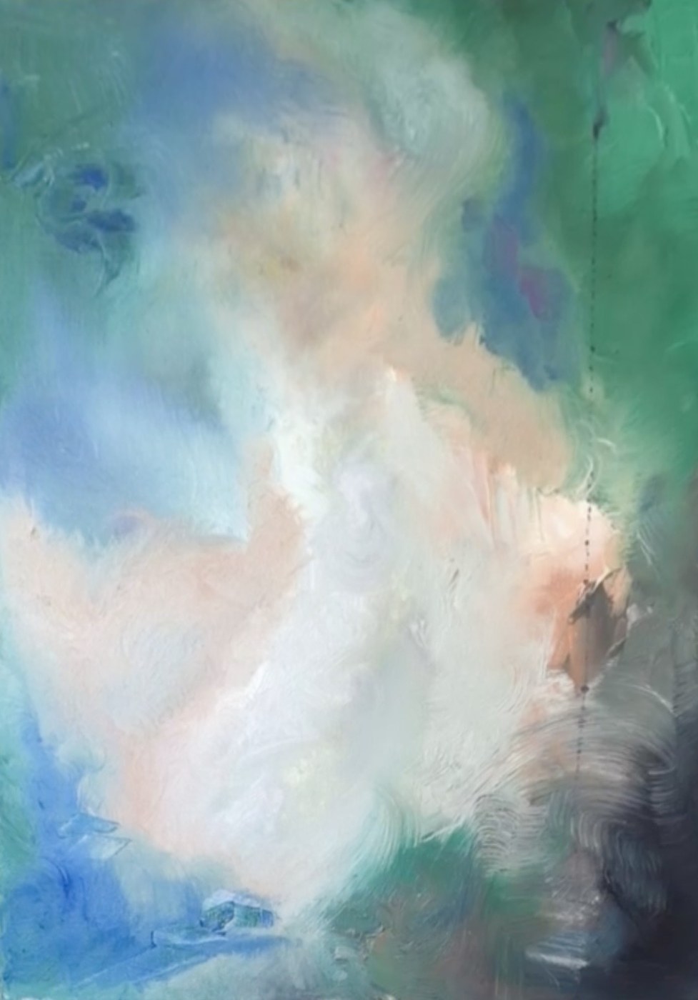 Soft abstract painting in sea green, blue and blush pink, with pale light breaking through the middle