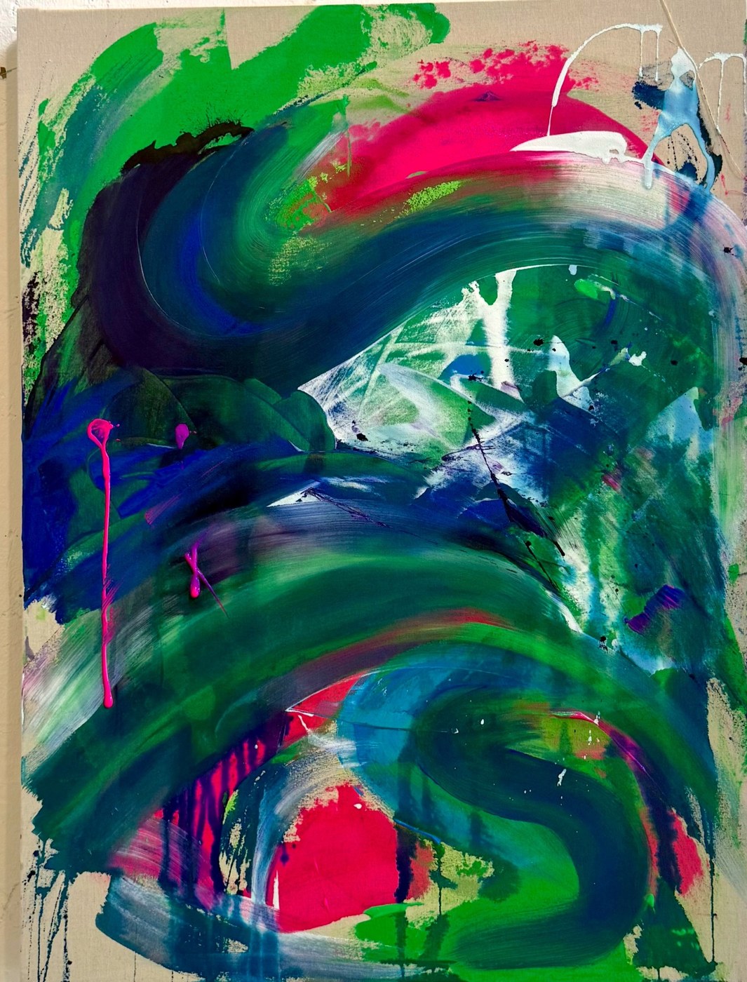 Abstract acrylic painting in greens, blues and magenta on raw linen canvas