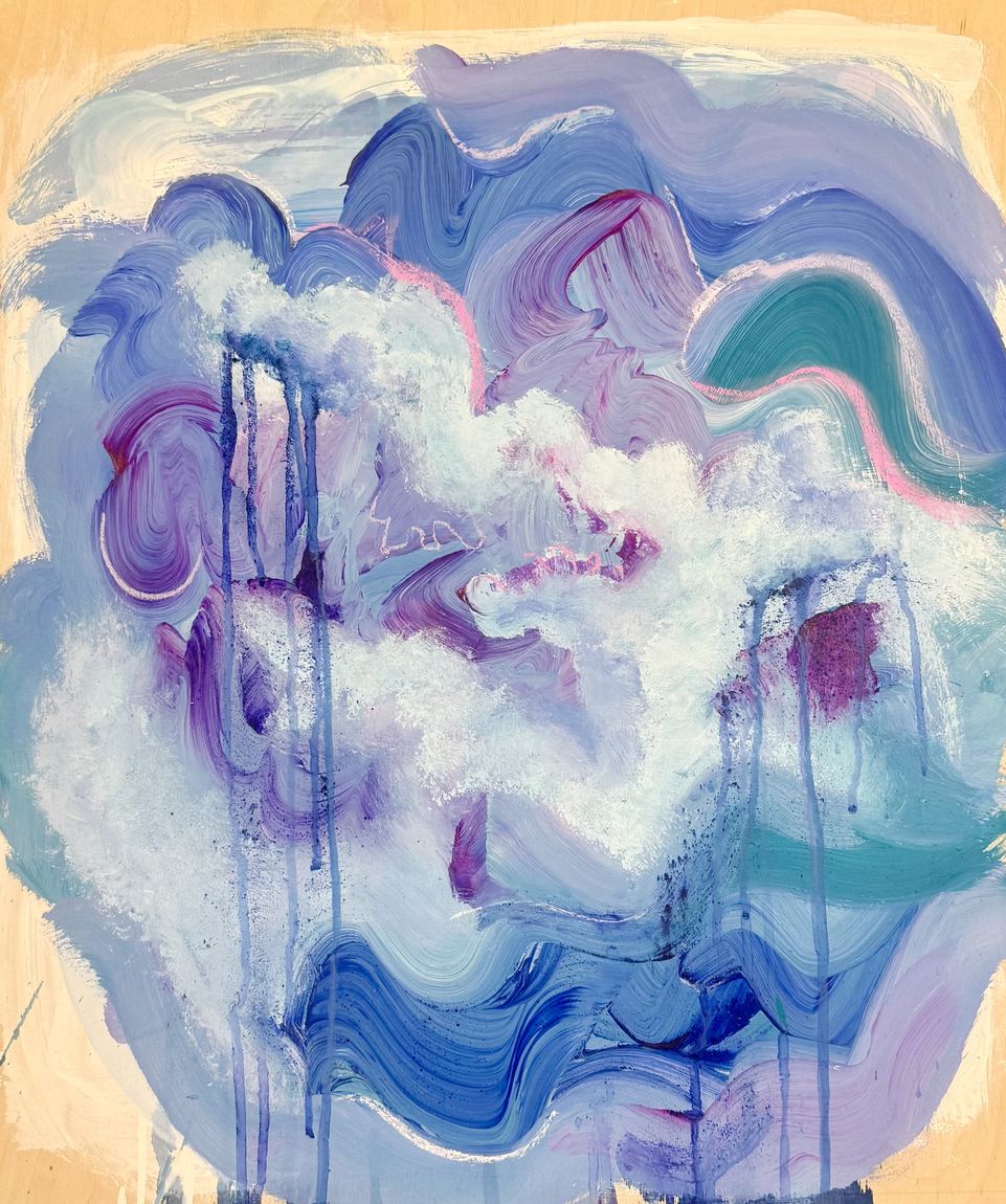 Abstract acrylic painting in violet, blue and white on a warm ochre ground