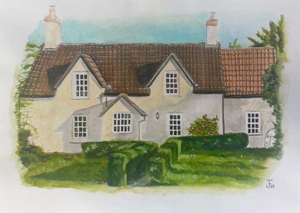 Watercolour house portrait of a cream country cottage with a red pantile roof and clipped hedges