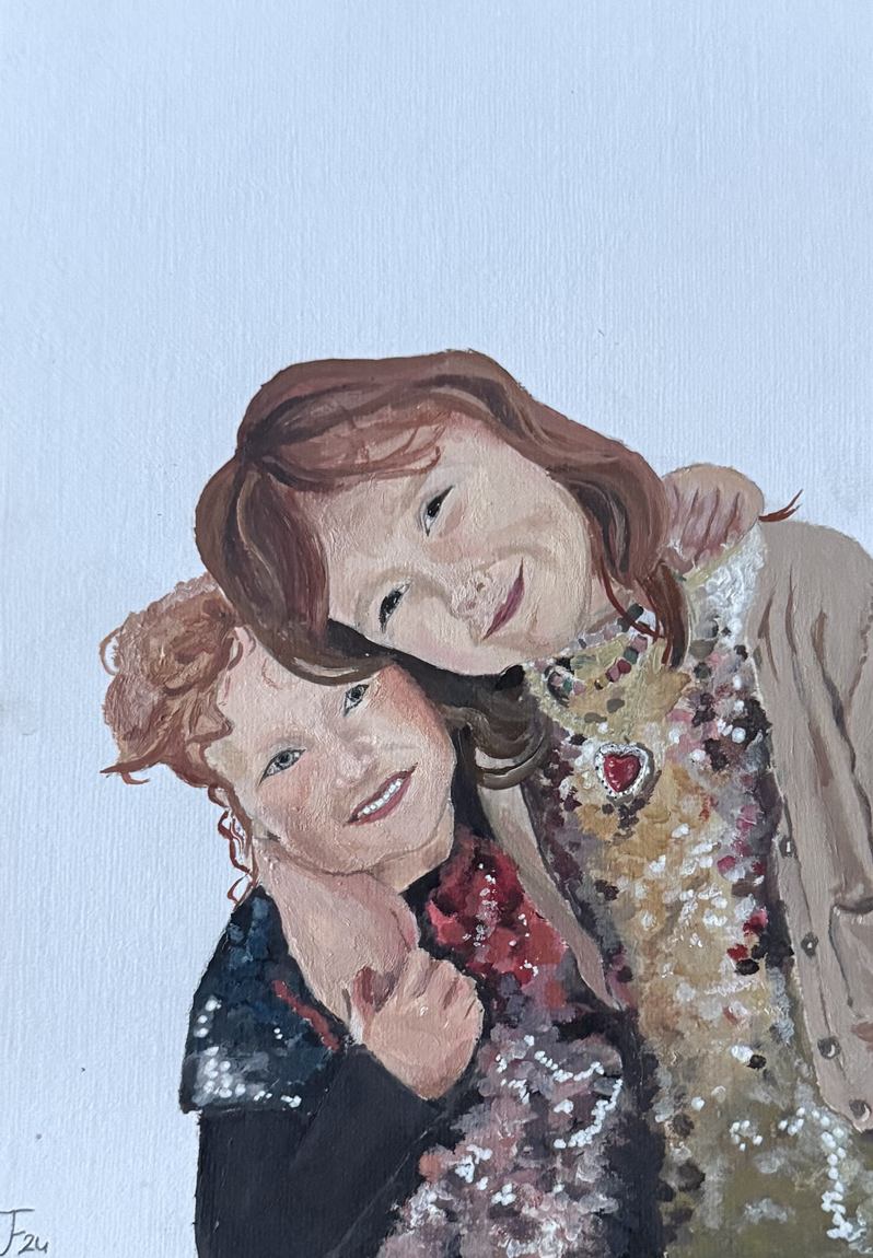 Acrylic portrait of a woman and a small child cheek to cheek, painted from a photograph