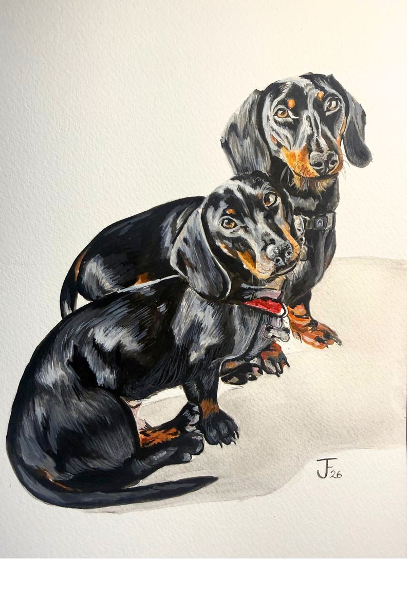 Painting of two black and tan dachshunds sitting together